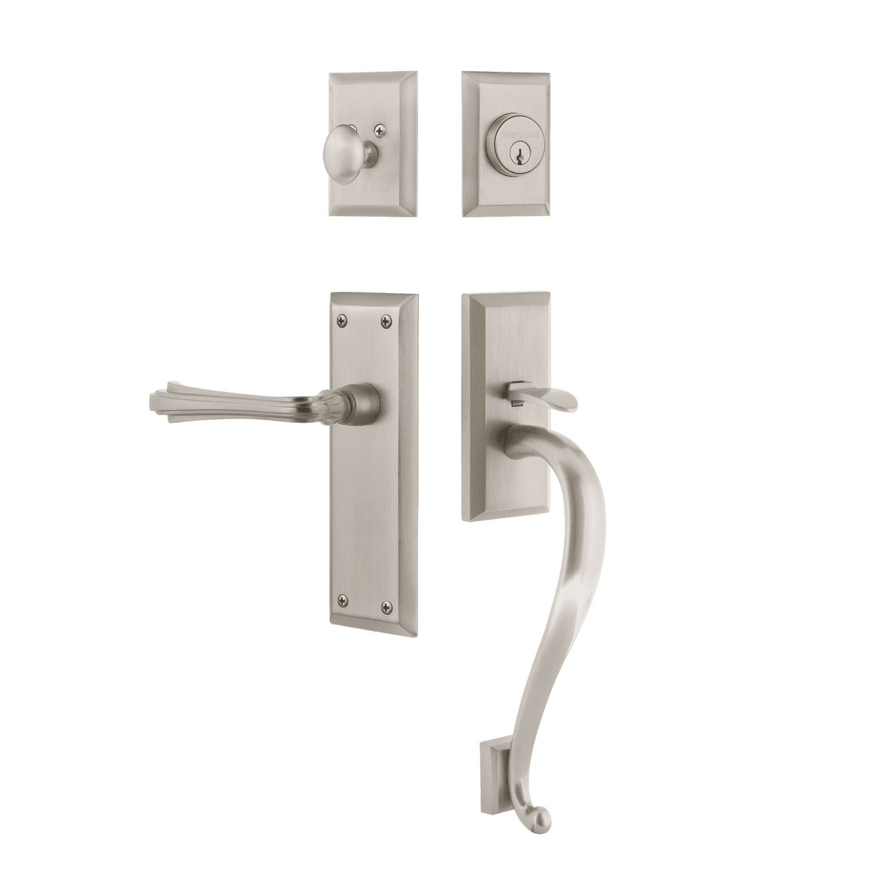 Nostalgic 770655: Entry Lockset w/New York Backplate, S-Grip Exterior Handle and Fleur Interior Lever - Satin Nickel