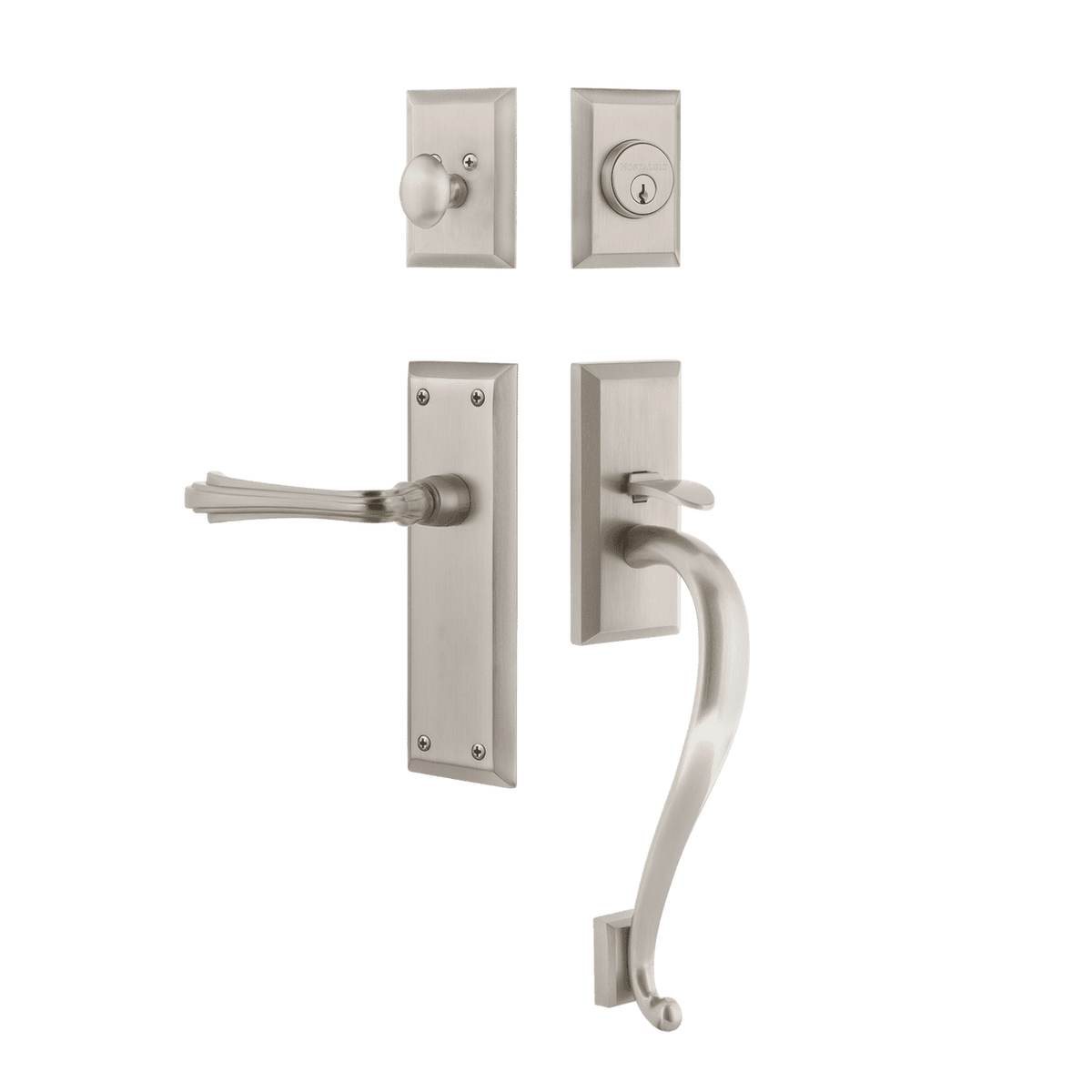 Nostalgic 769040: Entry Lockset w/New York Backplate, S-Grip Exterior Handle and Fleur Interior Lever - Satin Nickel