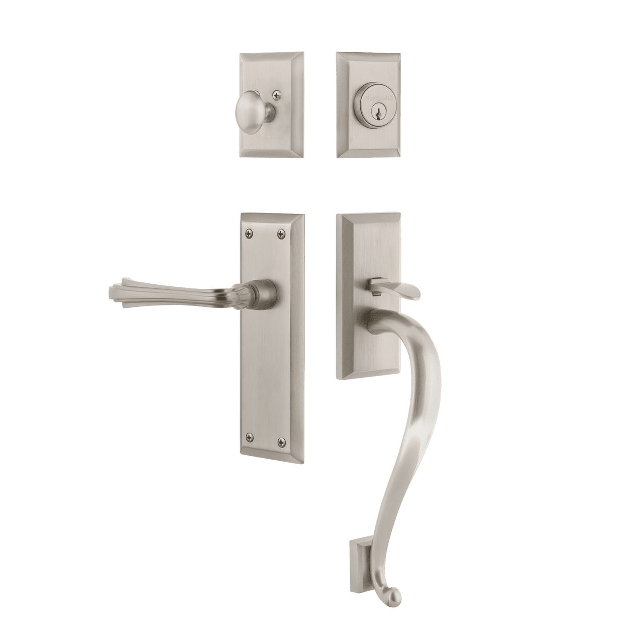 Nostalgic 770664: Entry Lockset w/New York Backplate, S-Grip Exterior Handle and Fleur Interior Lever - Satin Nickel