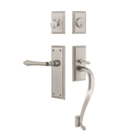 Nostalgic 770664: Entry Lockset w/New York Backplate, S-Grip Exterior Handle and Fleur Interior Lever - Satin Nickel