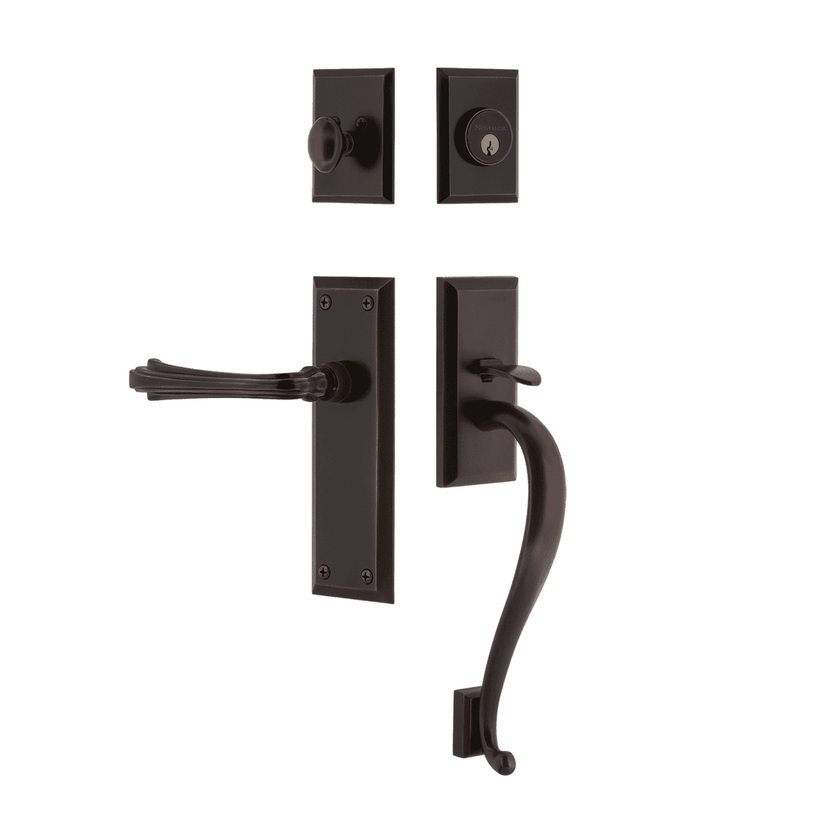 Nostalgic 770656: Entry Lockset w/New York Backplate, S-Grip Exterior Handle and Fleur Interior Lever - Timeless Bronze
