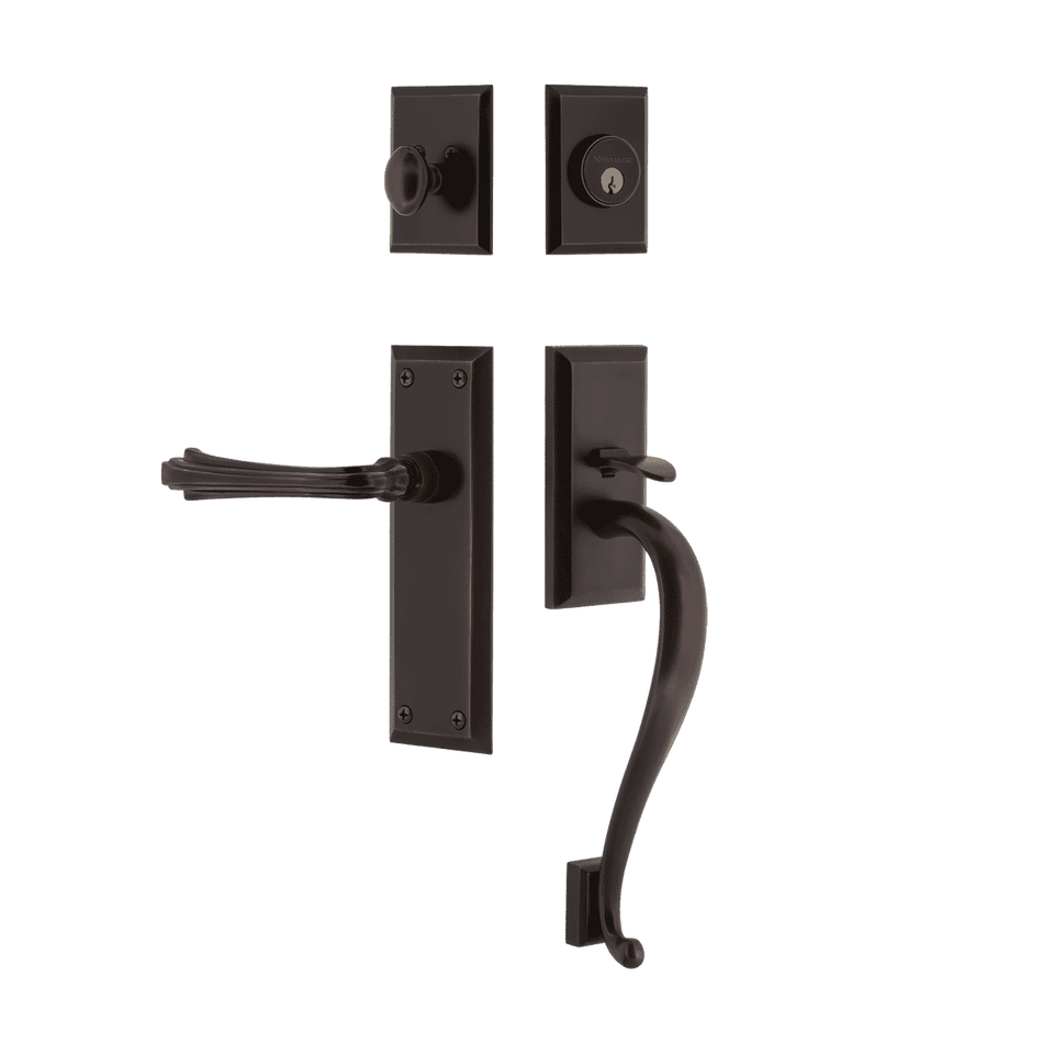 Nostalgic 770644: Entry Lockset w/New York Backplate, S-Grip Exterior Handle and Fleur Interior Lever - Timeless Bronze