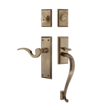 Nostalgic 767638: Entry Lockset w/New York Backplate, S-Grip Exterior Handle and Manor Interior Lever - Antique Brass