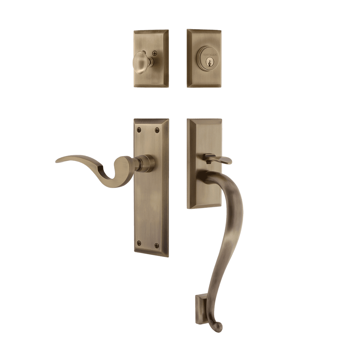 Nostalgic 767641: Entry Lockset w/New York Backplate, S-Grip Exterior Handle and Manor Interior Lever - Antique Brass