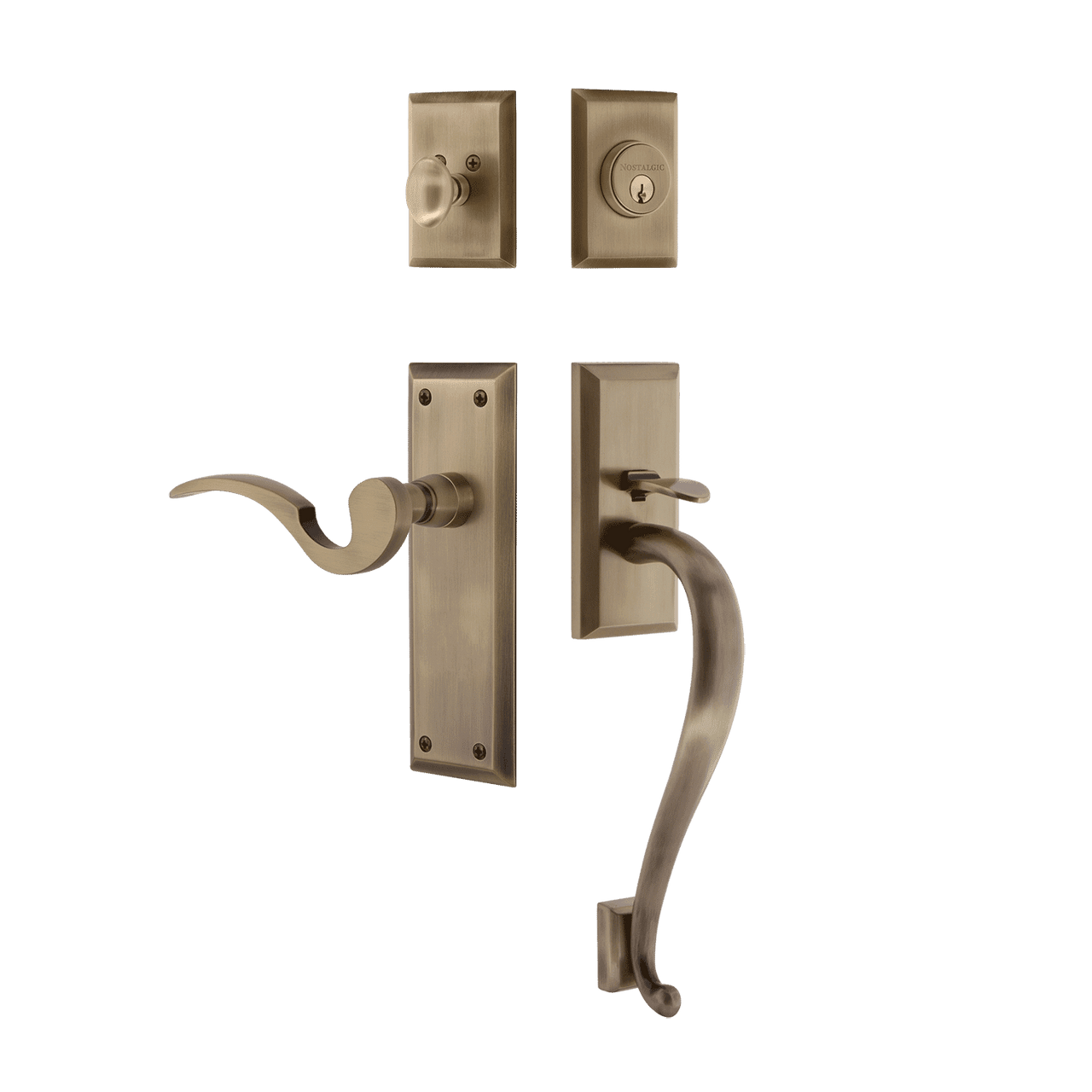 Nostalgic 770756: Entry Lockset w/New York Backplate, S-Grip Exterior Handle and Manor Interior Lever - Antique Brass