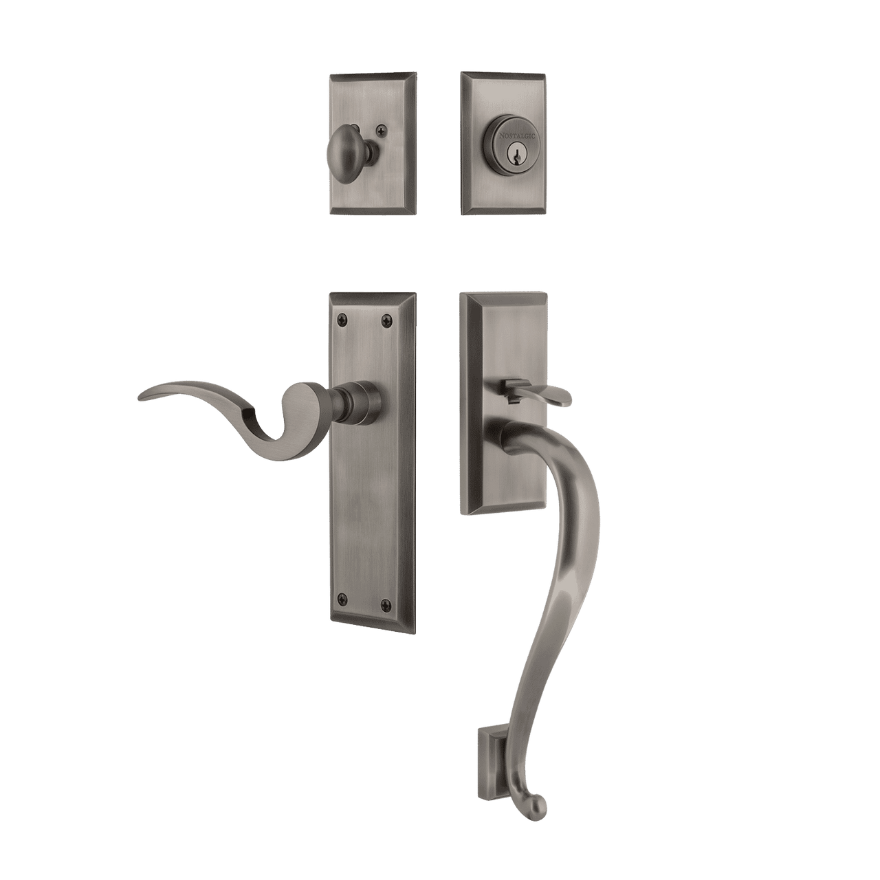 Nostalgic 770757: Entry Lockset w/New York Backplate, S-Grip Exterior Handle and Manor Interior Lever - Antique Pewter