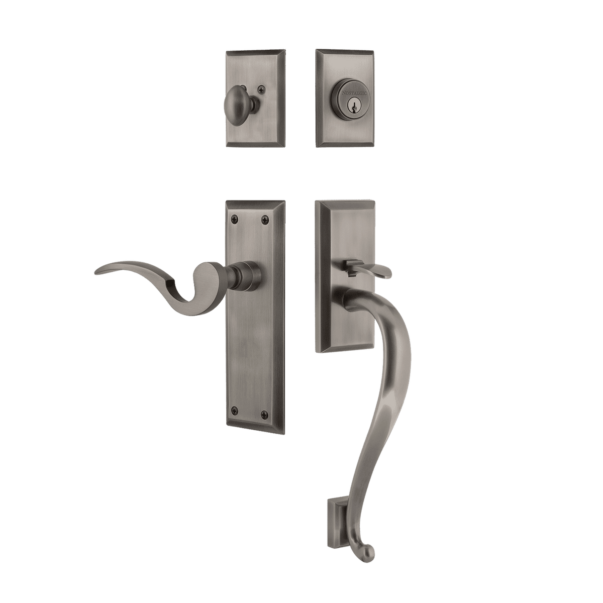 Nostalgic 770755: Entry Lockset w/New York Backplate, S-Grip Exterior Handle and Manor Interior Lever - Antique Pewter