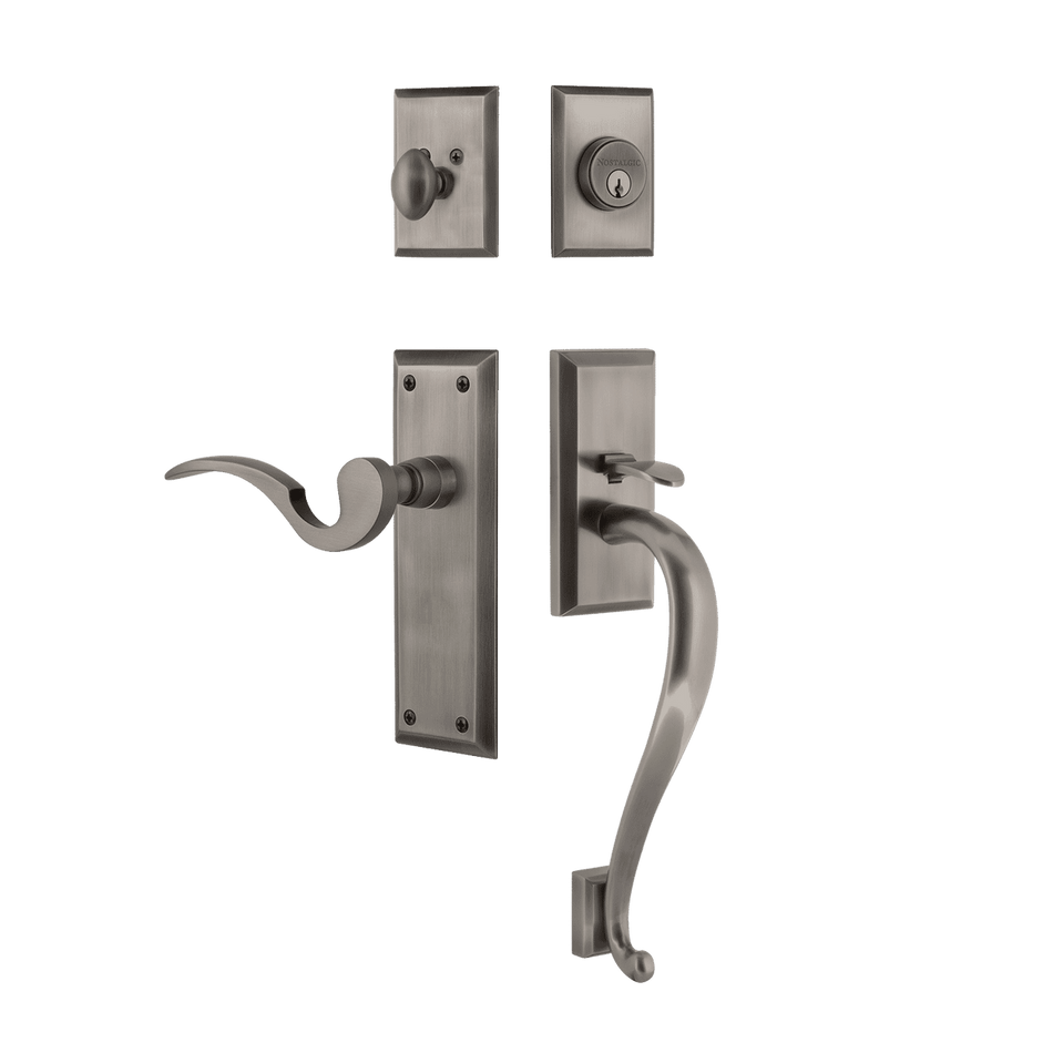 Nostalgic 770755: Entry Lockset w/New York Backplate, S-Grip Exterior Handle and Manor Interior Lever - Antique Pewter