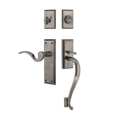 Nostalgic 770755: Entry Lockset w/New York Backplate, S-Grip Exterior Handle and Manor Interior Lever - Antique Pewter