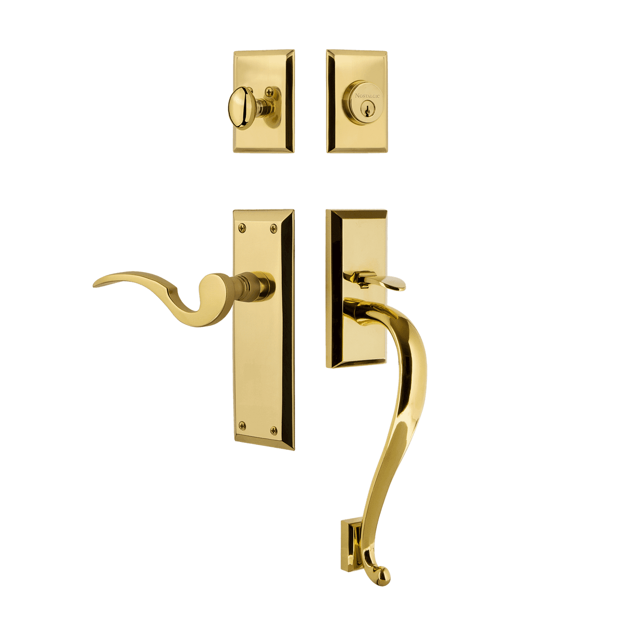Nostalgic 767644: Entry Lockset w/New York Backplate, S-Grip Exterior Handle and Manor Interior Lever - Polished Brass