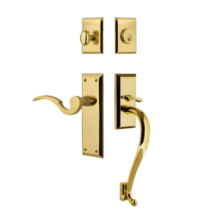 Nostalgic 767644: Entry Lockset w/New York Backplate, S-Grip Exterior Handle and Manor Interior Lever - Polished Brass