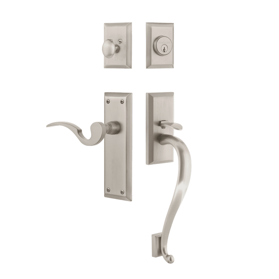Nostalgic 770776: Entry Lockset w/New York Backplate, S-Grip Exterior Handle and Manor Interior Lever - Satin Nickel
