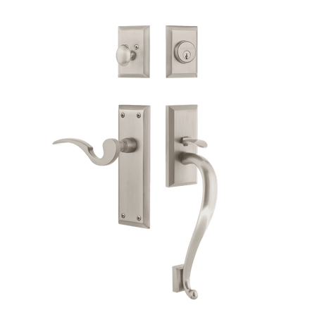 Nostalgic 767652: Entry Lockset w/New York Backplate, S-Grip Exterior Handle and Manor Interior Lever - Satin Nickel