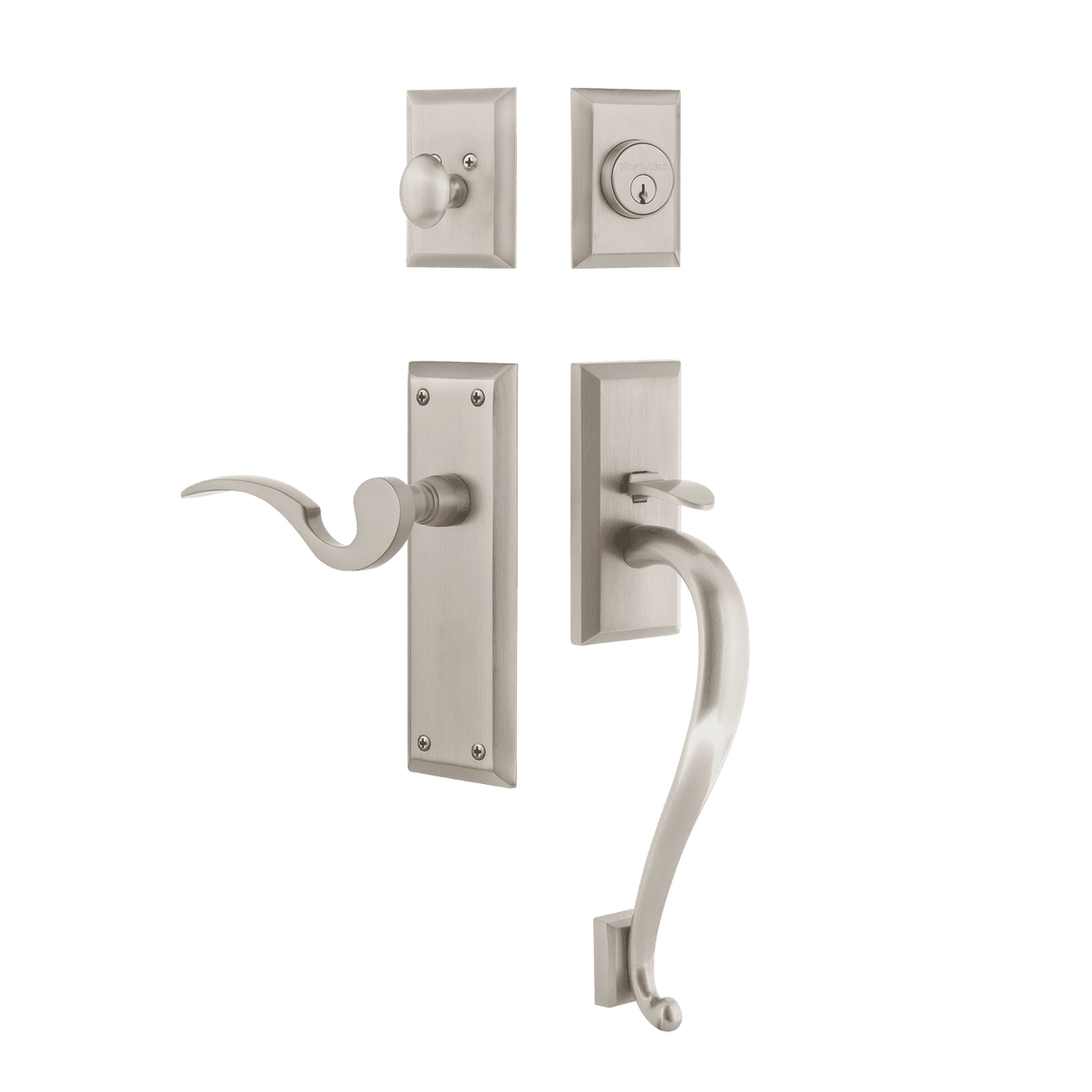Nostalgic 767646: Entry Lockset w/New York Backplate, S-Grip Exterior Handle and Manor Interior Lever - Satin Nickel