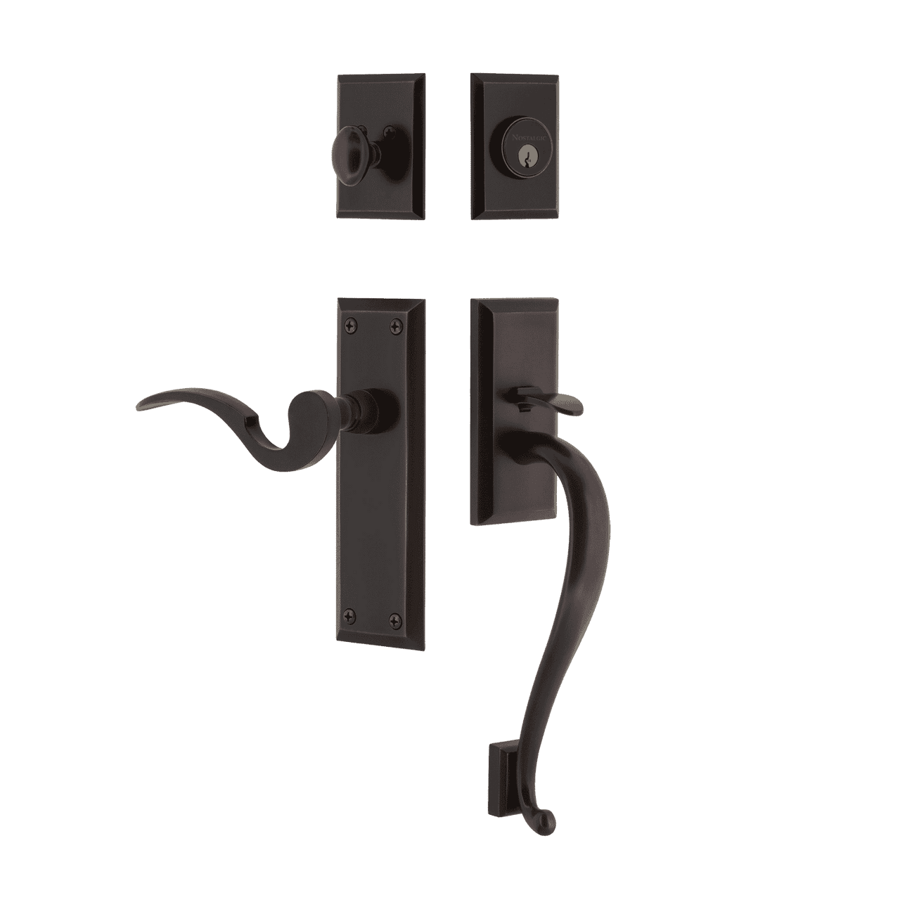 Nostalgic 767653: Entry Lockset w/New York Backplate, S-Grip Exterior Handle and Manor Interior Lever - Timeless Bronze