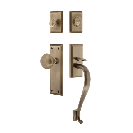 Nostalgic 727690: Entry Lockset w/New York Backplate, S-Grip Exterior Handle and New York Knob - Antique Brass