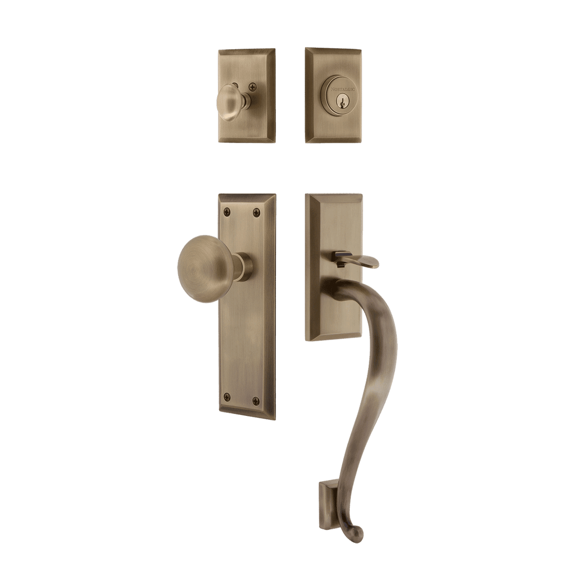 Nostalgic 719438: Entry Lockset w/New York Backplate, S-Grip Exterior Handle and New York Knob - Antique Brass