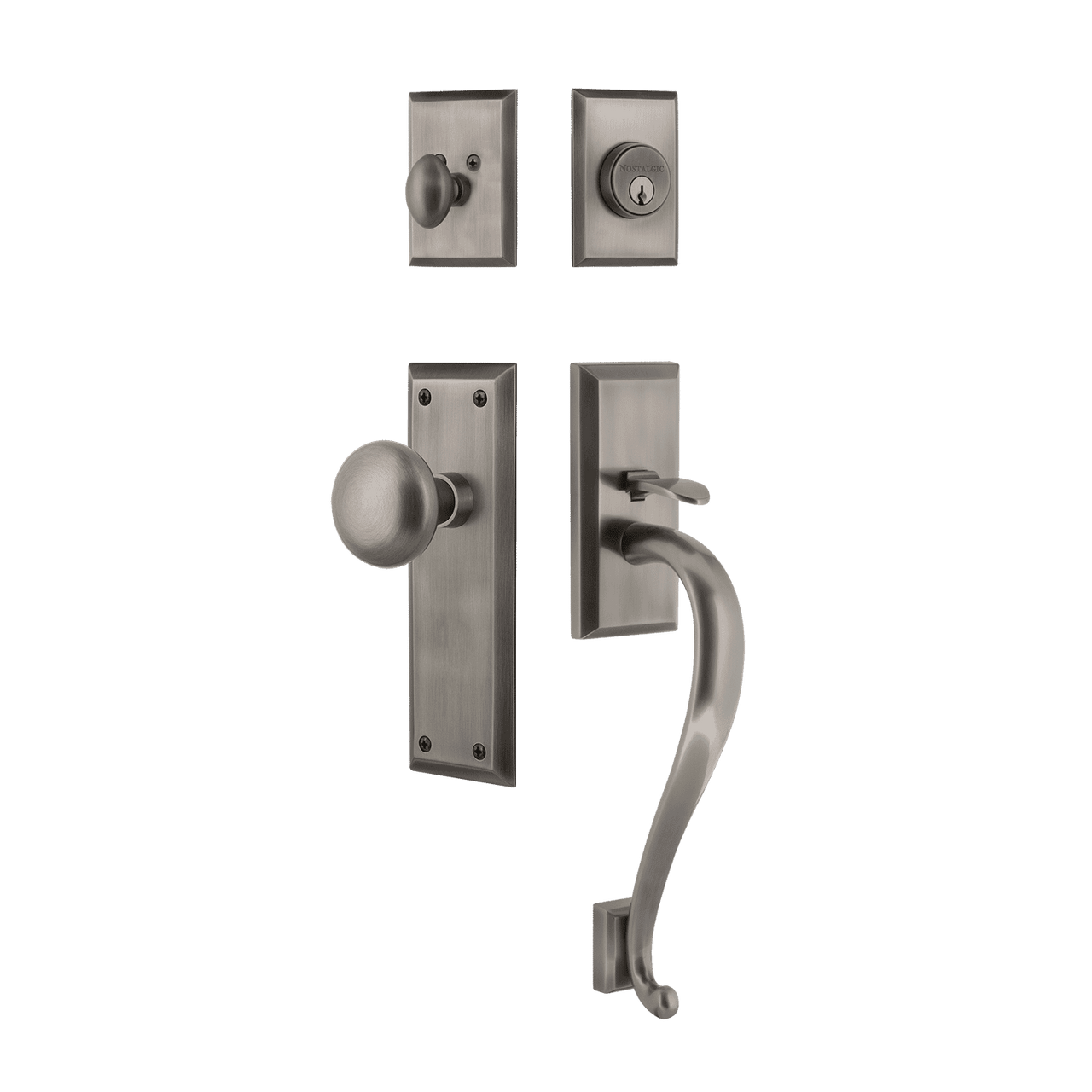 Nostalgic 733391: Entry Lockset w/New York Backplate, S-Grip Exterior Handle and New York Knob - Antique Pewter