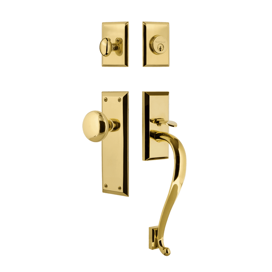 Nostalgic 733392: Entry Lockset w/New York Backplate, S-Grip Exterior Handle and New York Knob - Polished Brass