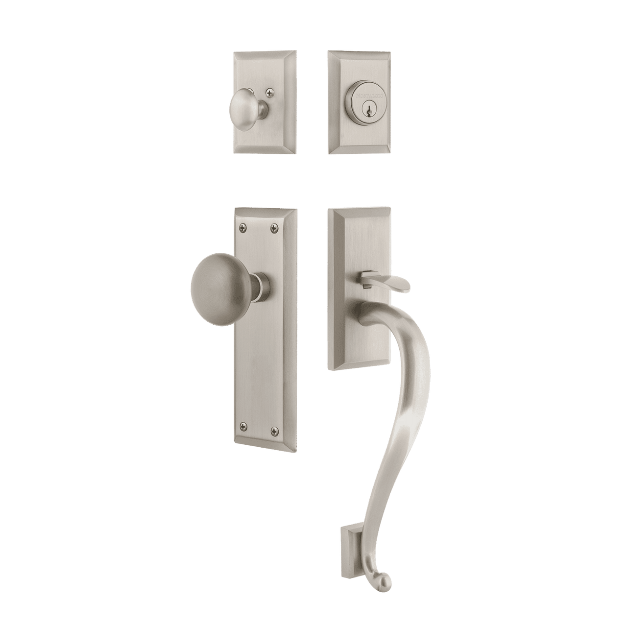 Nostalgic 727592: Entry Lockset w/New York Backplate, S-Grip Exterior Handle and New York Knob - Satin Nickel