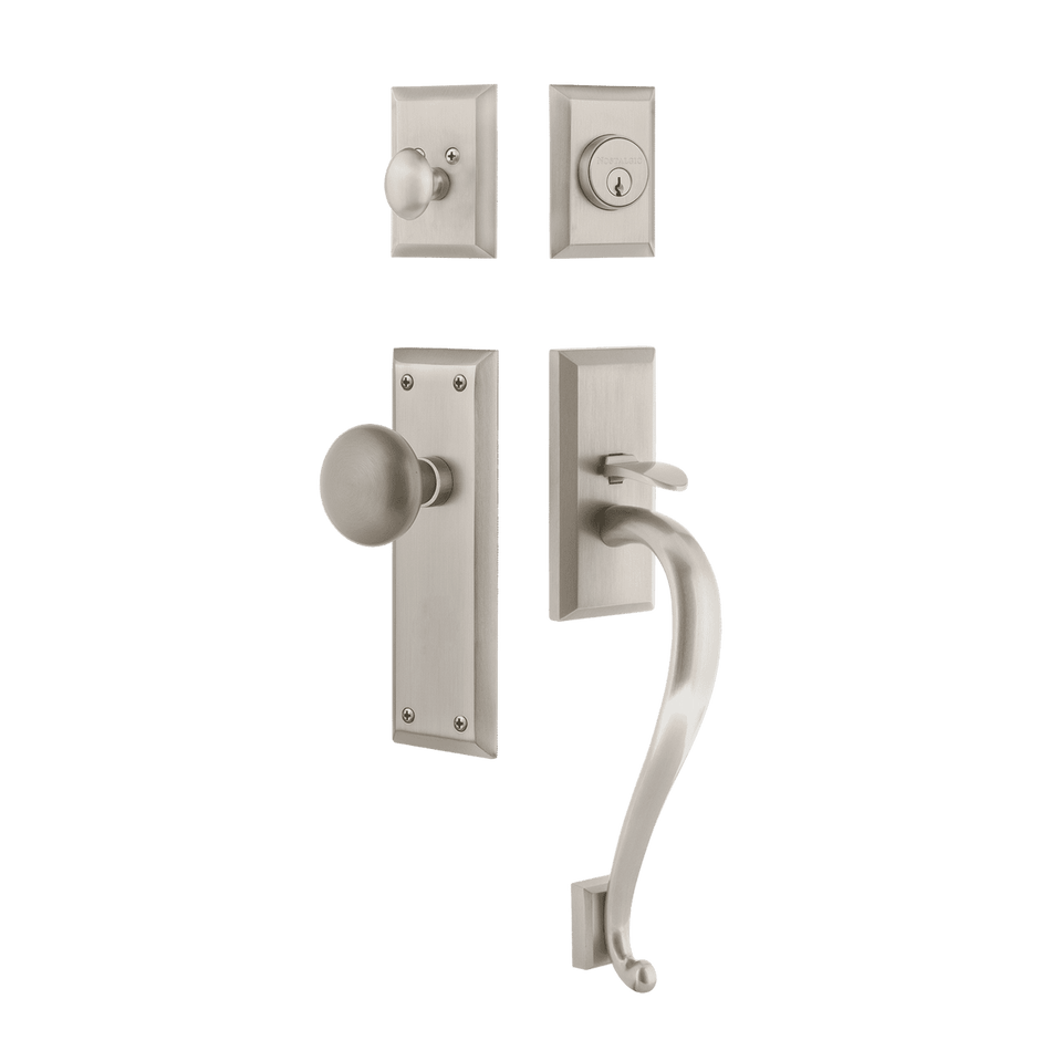 Nostalgic 719547: Entry Lockset w/New York Backplate, S-Grip Exterior Handle and New York Knob - Satin Nickel