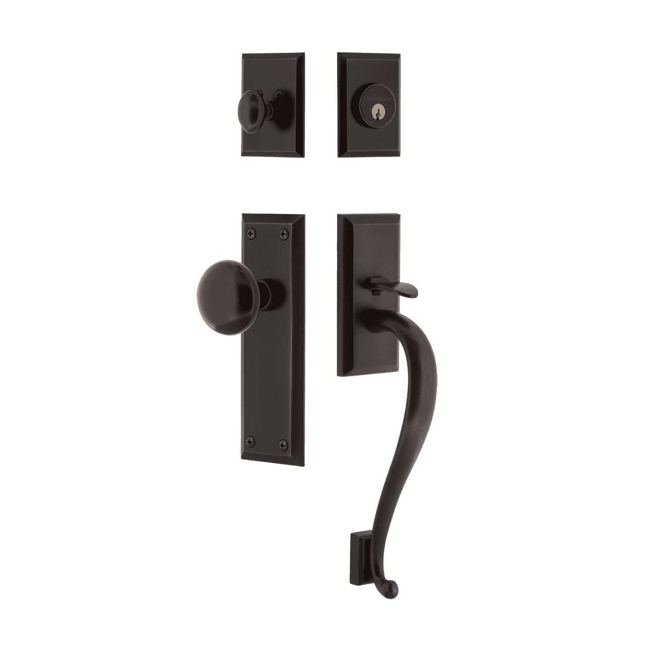 Nostalgic 719387: Entry Lockset w/New York Backplate, S-Grip Exterior Handle and New York Knob - Timeless Bronze