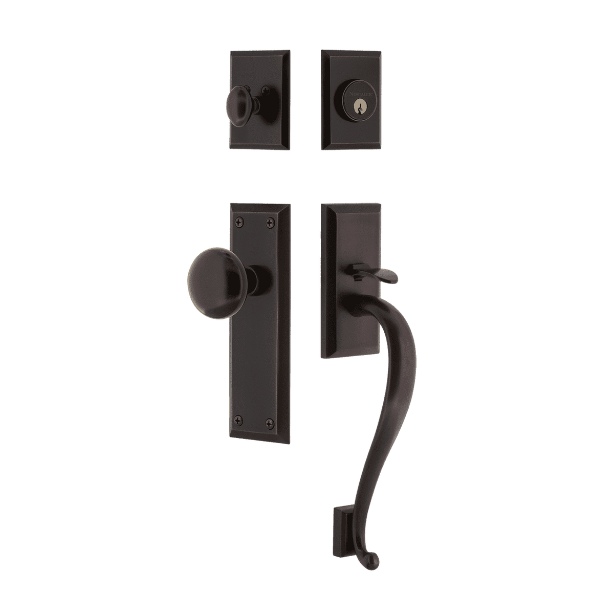 Nostalgic 727721: Entry Lockset w/New York Backplate, S-Grip Exterior Handle and New York Knob - Timeless Bronze
