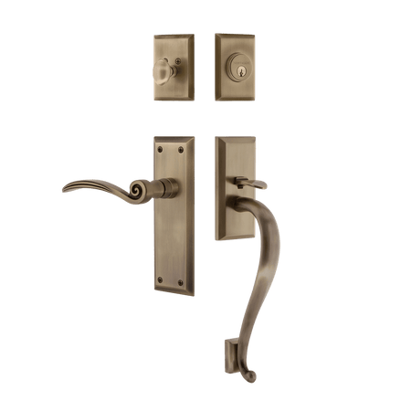Nostalgic 768335: Entry Lockset w/New York Backplate, S-Grip Exterior Handle and Swan Interior Lever - Antique Brass