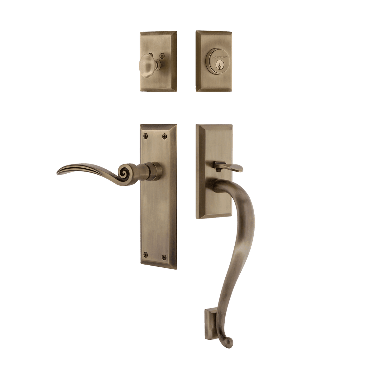 Nostalgic 770827: Entry Lockset w/New York Backplate, S-Grip Exterior Handle and Swan Interior Lever - Antique Brass