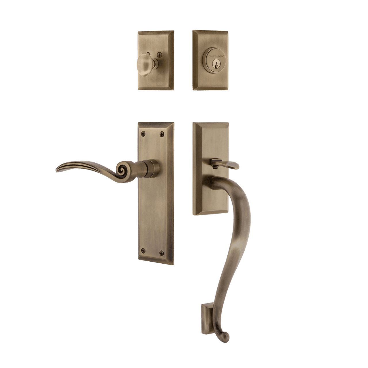 Nostalgic 768338: Entry Lockset w/New York Backplate, S-Grip Exterior Handle and Swan Interior Lever - Antique Brass
