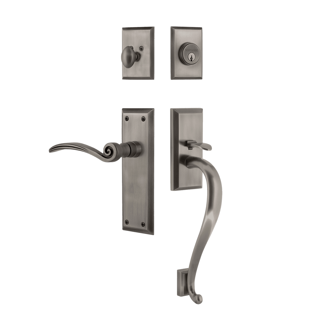 Nostalgic 770832: Entry Lockset w/New York Backplate, S-Grip Exterior Handle and Swan Interior Lever - Antique Pewter