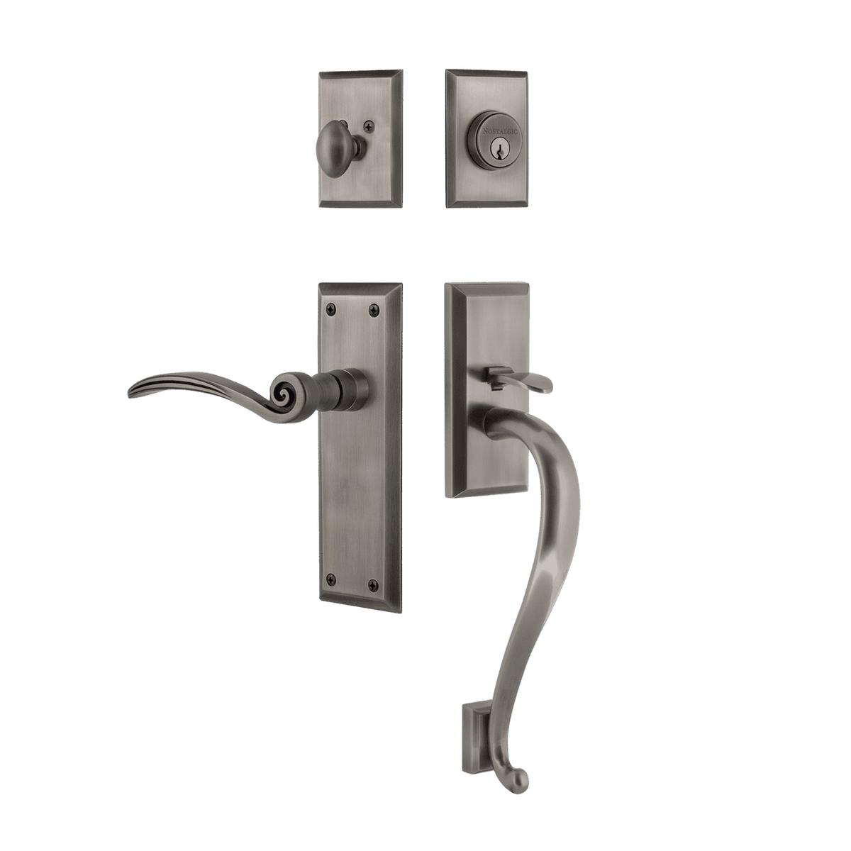 Nostalgic 770801: Entry Lockset w/New York Backplate, S-Grip Exterior Handle and Swan Interior Lever - Antique Pewter