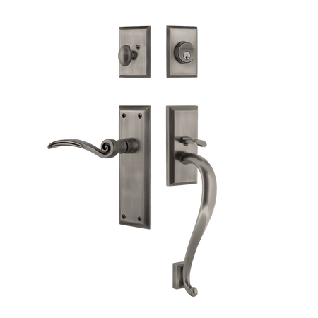 Nostalgic 770801: Entry Lockset w/New York Backplate, S-Grip Exterior Handle and Swan Interior Lever - Antique Pewter