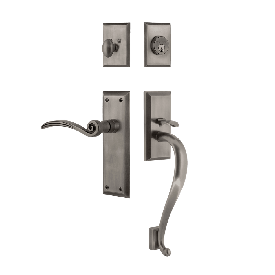 Nostalgic 768336: Entry Lockset w/New York Backplate, S-Grip Exterior Handle and Swan Interior Lever - Antique Pewter