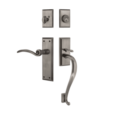 Nostalgic 768339: Entry Lockset w/New York Backplate, S-Grip Exterior Handle and Swan Interior Lever - Antique Pewter