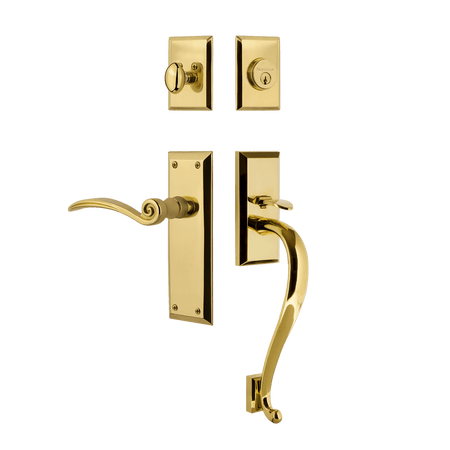 Nostalgic 768341: Entry Lockset w/New York Backplate, S-Grip Exterior Handle and Swan Interior Lever - Polished Brass
