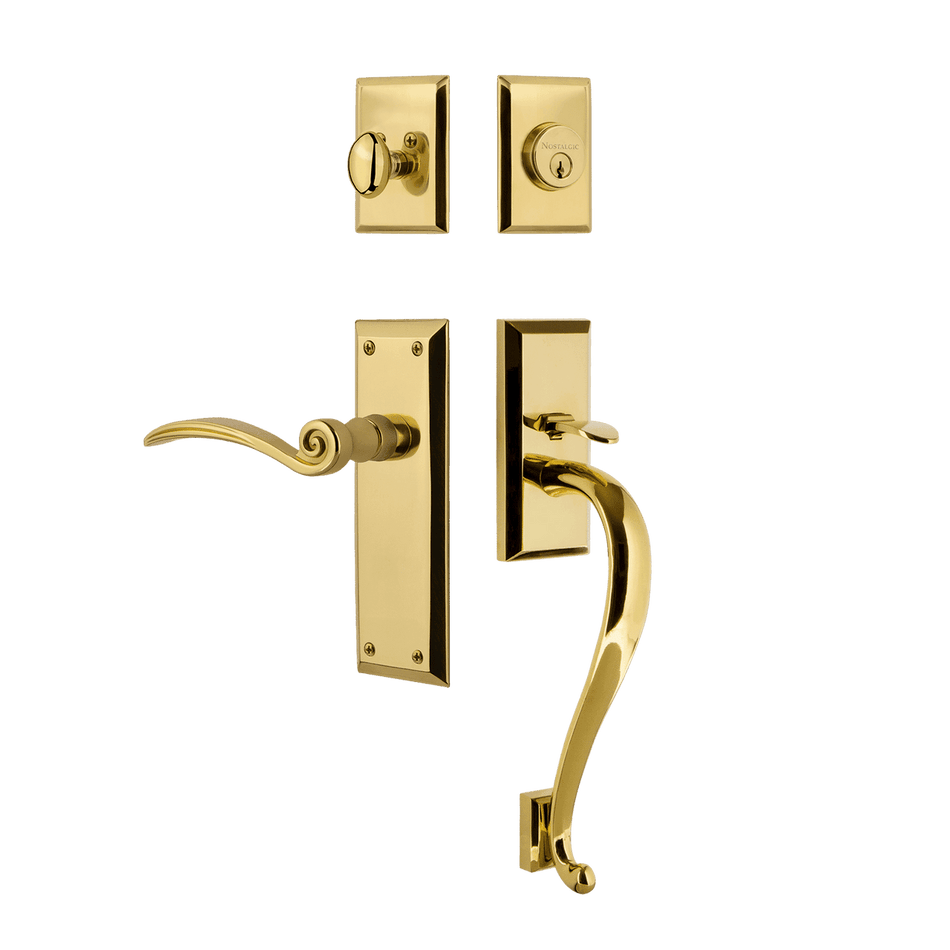 Nostalgic 768347: Entry Lockset w/New York Backplate, S-Grip Exterior Handle and Swan Interior Lever - Polished Brass
