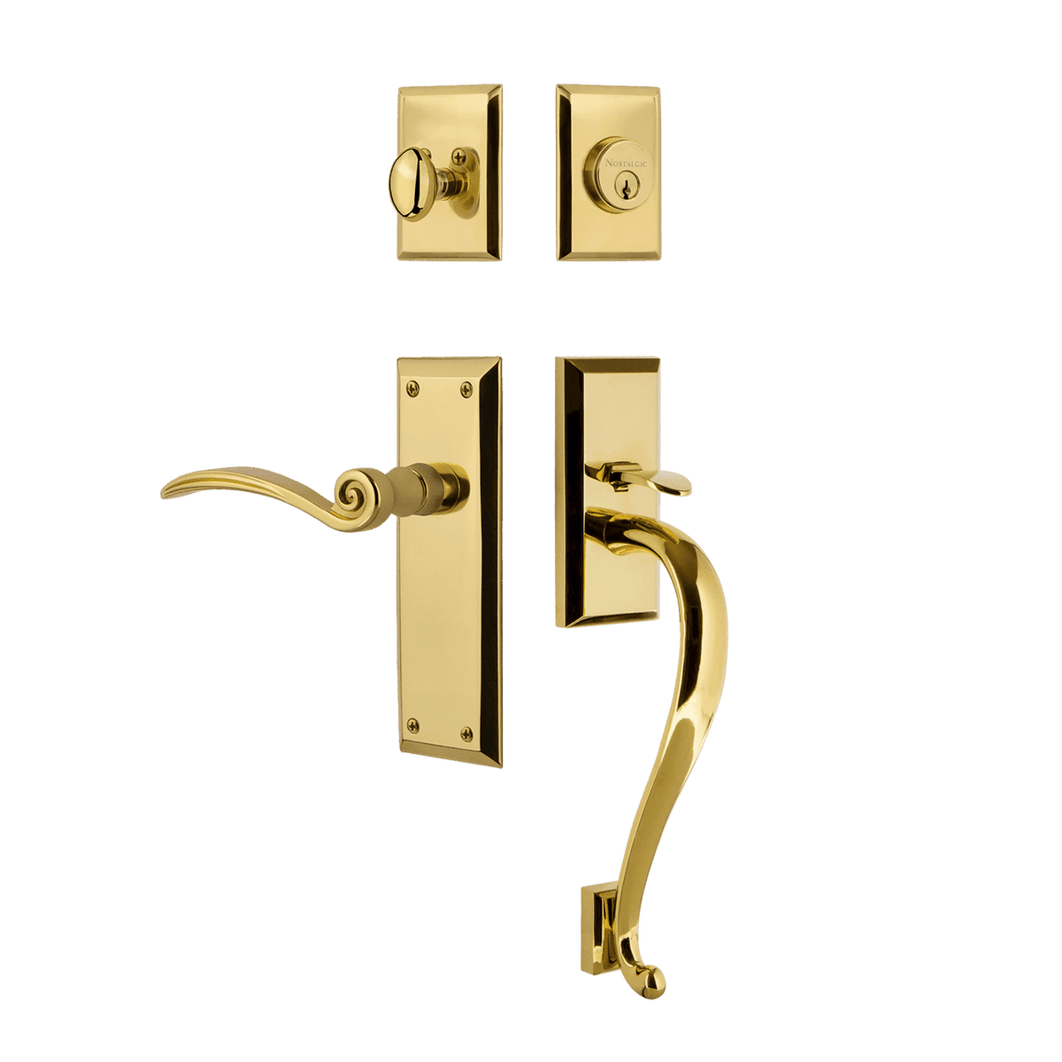 Nostalgic 770865: Entry Lockset w/New York Backplate, S-Grip Exterior Handle and Swan Interior Lever - Polished Brass