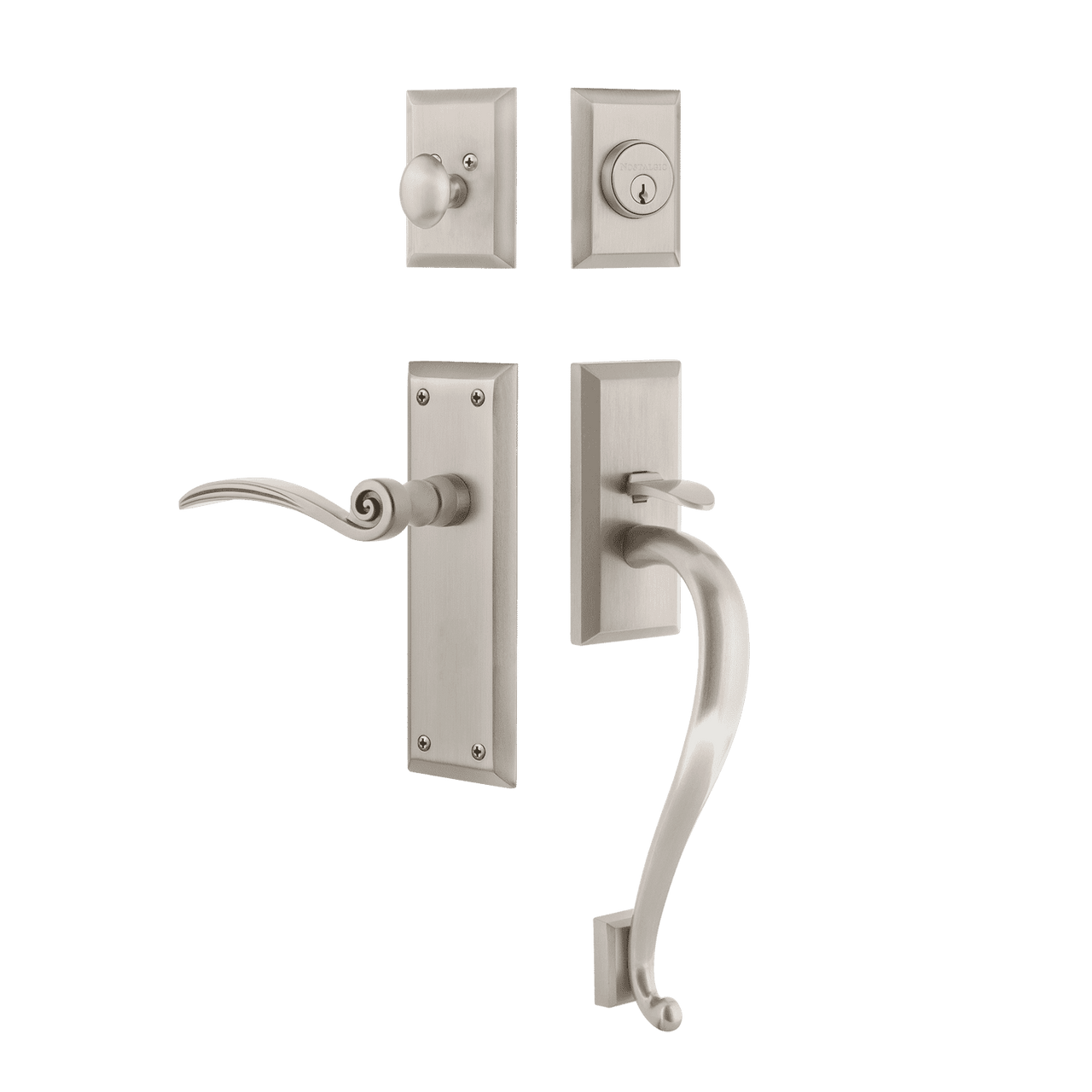 Nostalgic 768349: Entry Lockset w/New York Backplate, S-Grip Exterior Handle and Swan Interior Lever - Satin Nickel