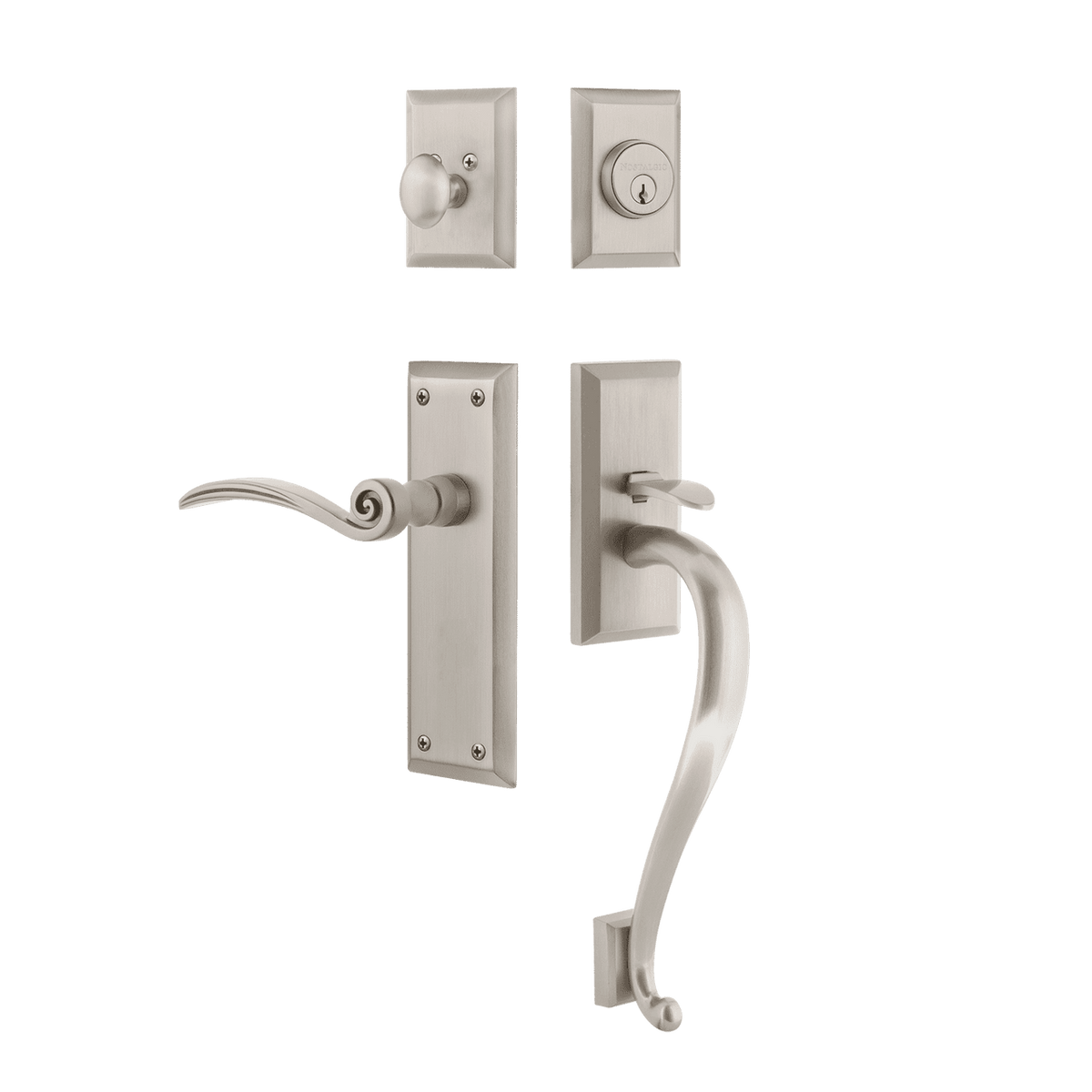 Nostalgic 768343: Entry Lockset w/New York Backplate, S-Grip Exterior Handle and Swan Interior Lever - Satin Nickel
