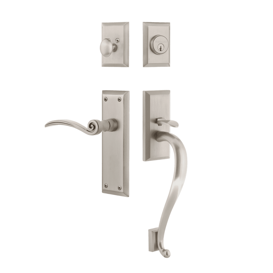 Nostalgic 770819: Entry Lockset w/New York Backplate, S-Grip Exterior Handle and Swan Interior Lever - Satin Nickel