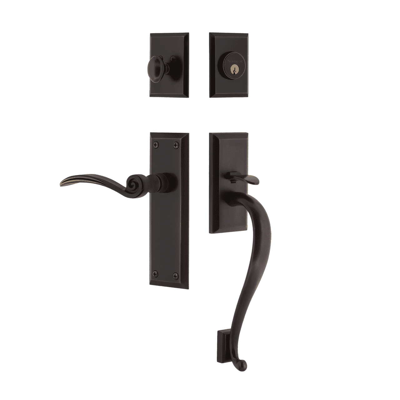 Nostalgic 770824: Entry Lockset w/New York Backplate, S-Grip Exterior Handle and Swan Interior Lever - Timeless Bronze