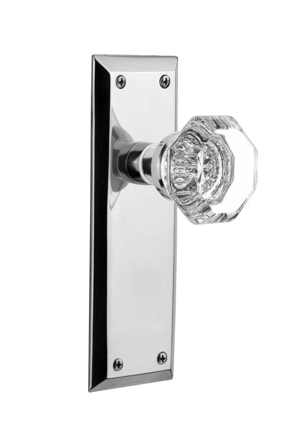 Nostalgic 733126: New York Backplate w/Waldorf Knob Privacy Door Set - Bright Chrome
