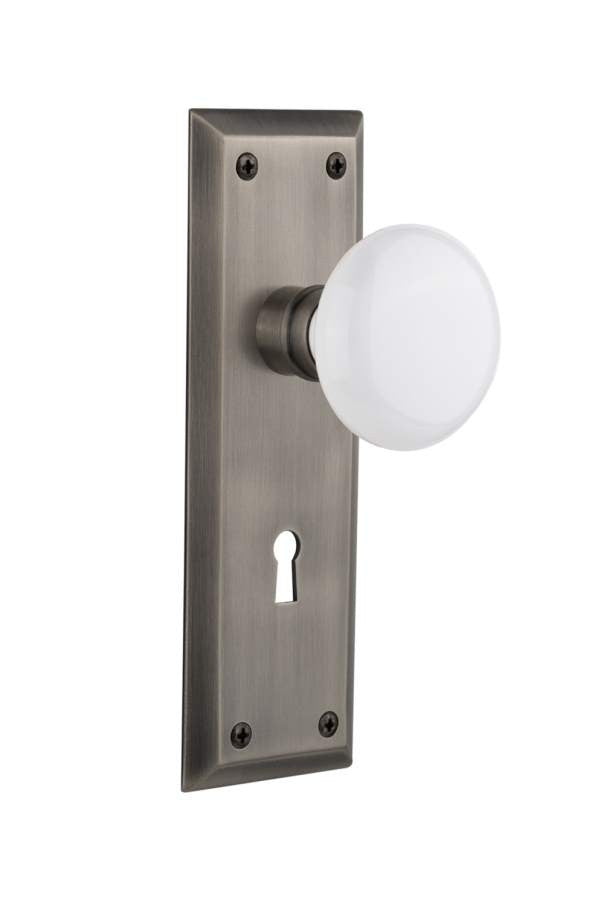 Nostalgic 704632: New York Backplate w/White Porcelain Knob Privacy Door Set - Antique Pewter