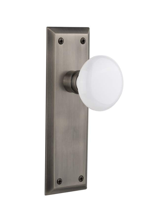 Nostalgic 733161: New York Backplate w/White Porcelain Knob Single Dummy Door Set - Antique Pewter
