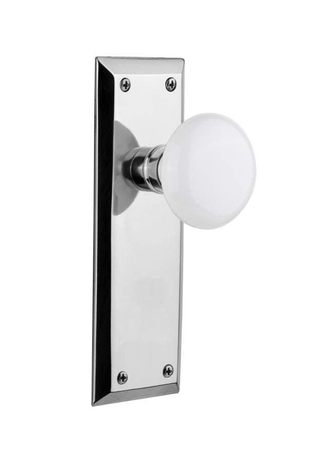 Nostalgic 733162: New York Backplate w/White Porcelain Knob Single Dummy Door Set - Bright Chrome