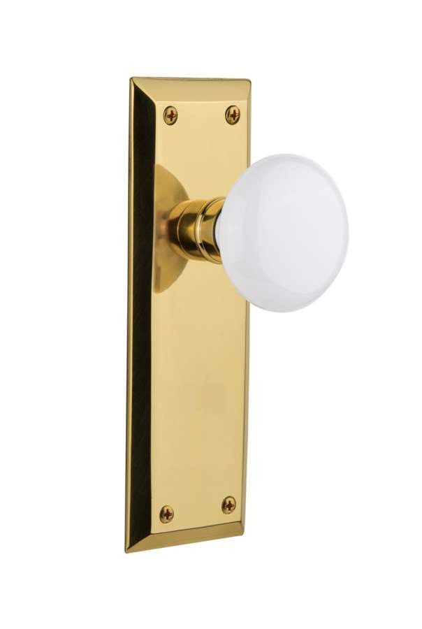 Nostalgic 733134: New York Backplate w/White Porcelain Knob Privacy Door Set - Polished Brass
