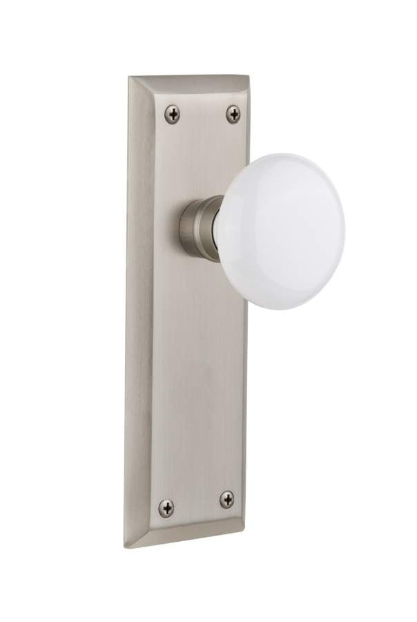 Nostalgic 733135: New York Backplate w/White Porcelain Knob Privacy Door Set - Satin Nickel