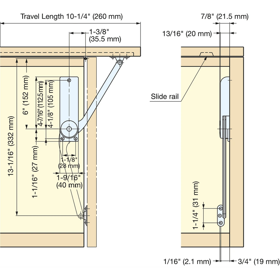 Sugatsune OVN-3L/BLK: Soft Close Mechanism for Over-The-Top Flipper Doors (left) - Nickel/Black