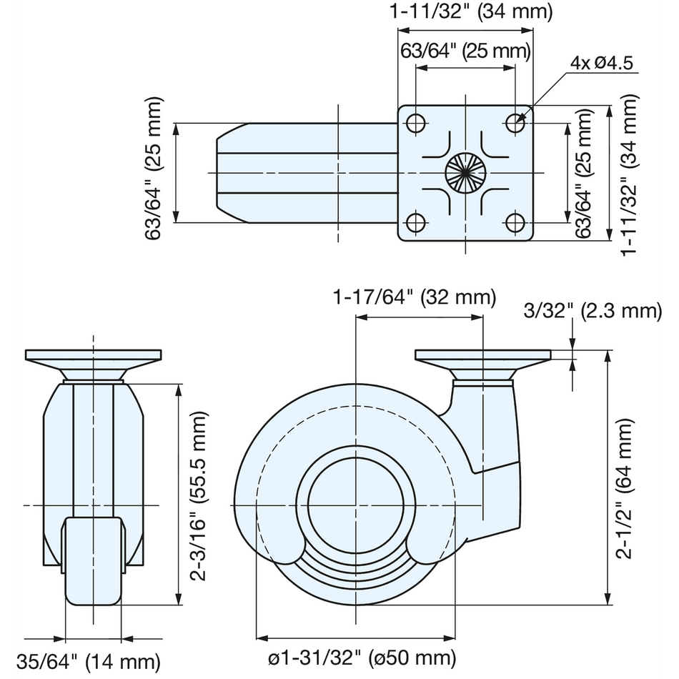 Sugatsune PLN50PCR: 64mm Plate Swiveling Caster - Chrome